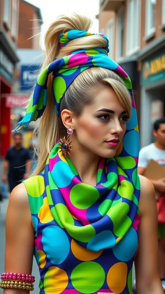 A fashionable woman in a colorful head and neck scarf with a bold polka dot pattern, styled in a high ponytail, walking down Carnaby Street in London.