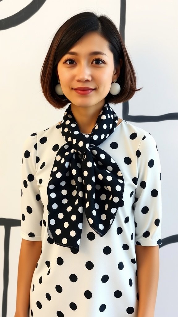 Model wearing a polka dot outfit with a large bow scarf in monochrome colors, showcasing 1960s Tokyo fashion.