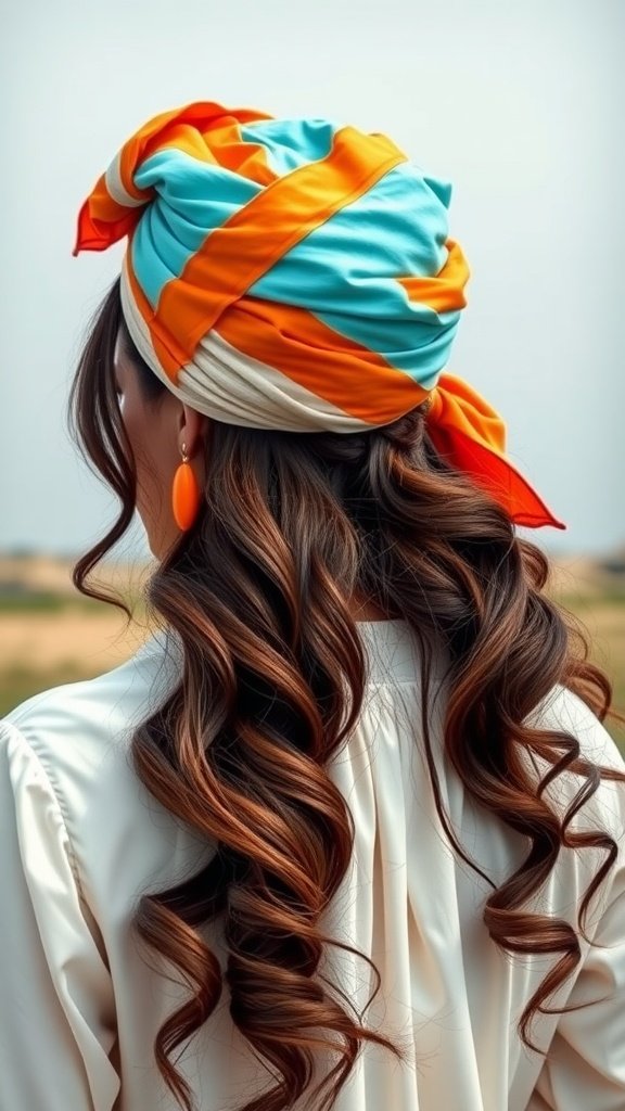 A woman with long, wavy hair wearing a colorful striped headscarf in orange and turquoise, standing on a rooftop with a sunset sky in the background.