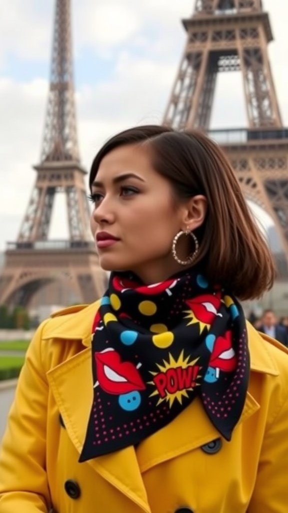 A woman wearing a pop art print scarf and a yellow coat, standing in front of the Eiffel Tower.