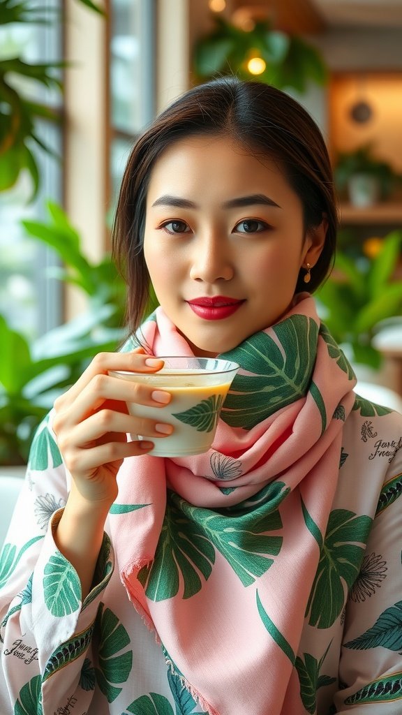 A woman in a botanical patterned scarf drinks from a cup in a glasshouse café.