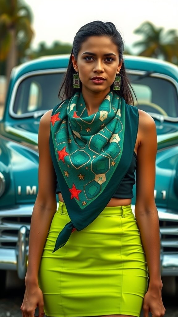 A woman wearing a geometric patterned green scarf and a lime green skirt, standing in front of a turquoise vintage car.
