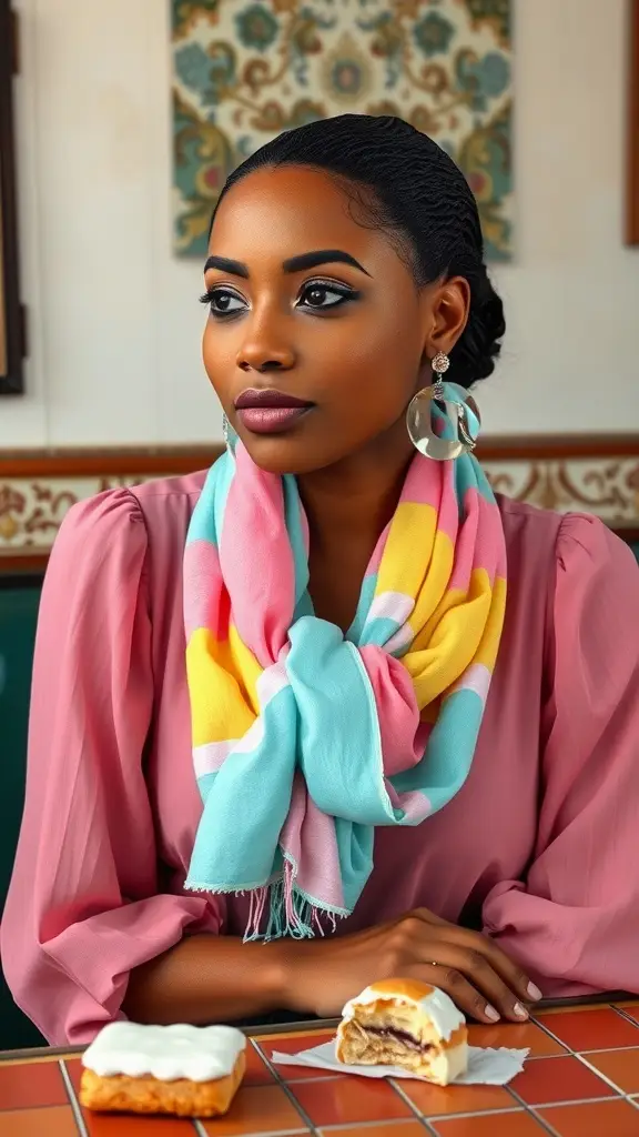 A stylish woman with curly hair wearing a candy-striped scarf, sitting at a café table with dessert.