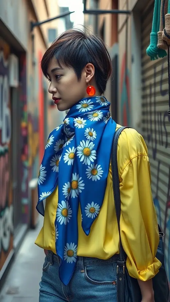A young woman in a yellow blouse wearing a floral blue scarf and red drop earrings, walking in a colorful Tokyo alley.