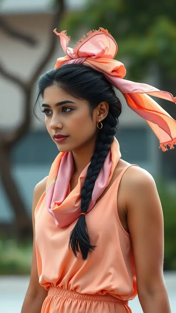 A woman with a braided hairstyle adorned with petal-pink ribbons, wearing an elegant outfit, exudes a vintage 1960s charm.