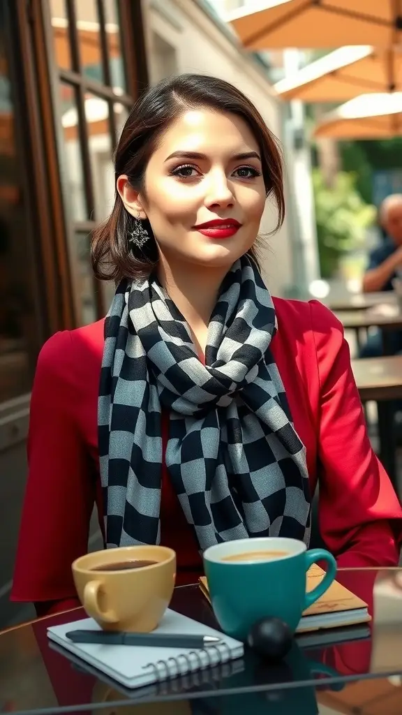 A stylish woman in a red outfit and black and white checkerboard scarf at a European bistro with coffee cups on the table.