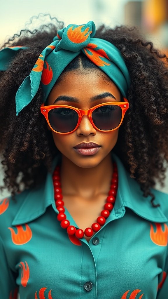 A model wearing a teal scarf with flame designs, cat-eye glasses, and a red necklace, embodying 1960s fashion.