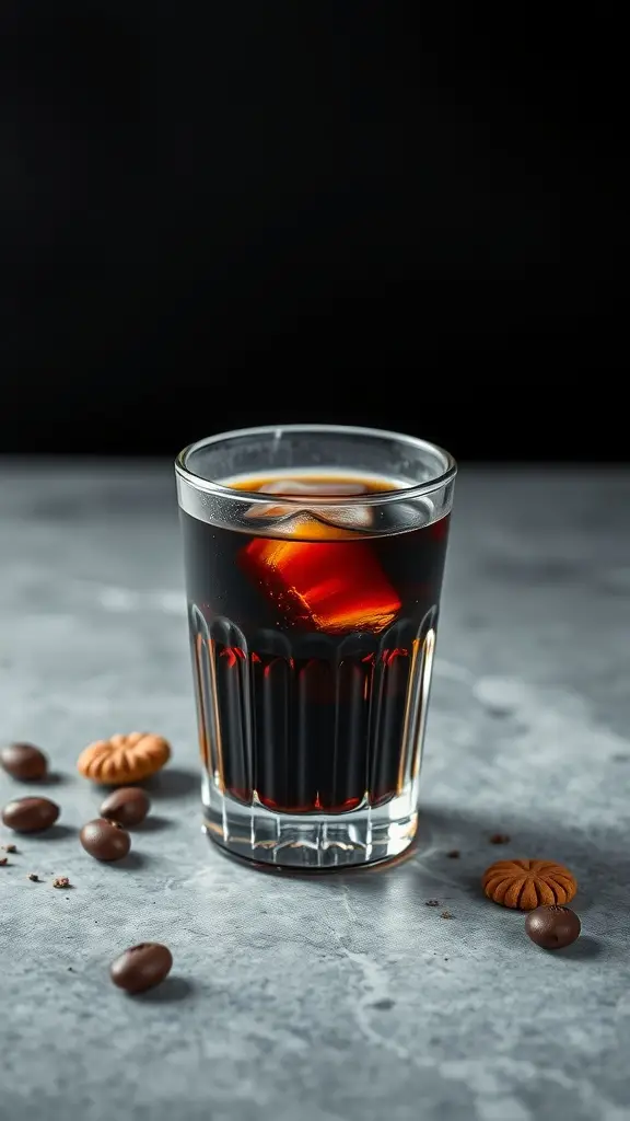 A glass of Black Russian cocktail with ice, surrounded by coffee beans and cookies.