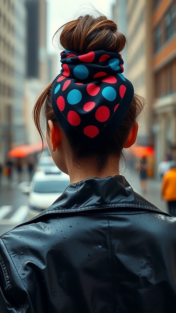 A person with a high knot hairstyle wearing a polka dot scarf on a rainy balcony