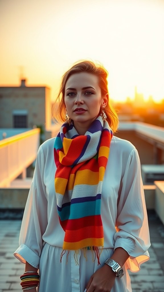 A woman wearing a colorful striped scarf stands on a rooftop during sunset in Spain.