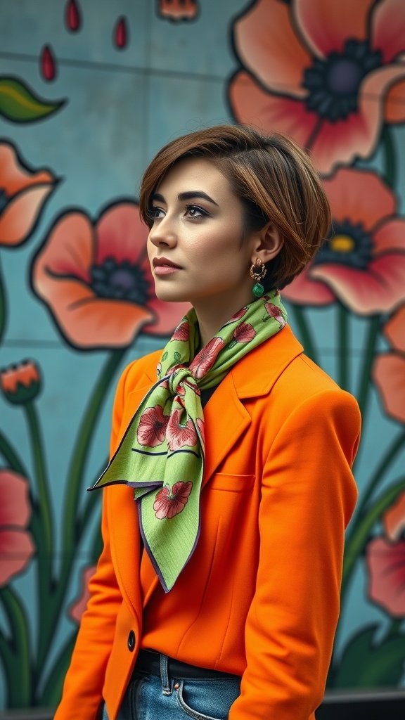 A young woman with a short hairstyle wearing an acid green scarf with floral patterns and an orange blazer, standing in front of a colorful floral mural at a Tokyo train stop.