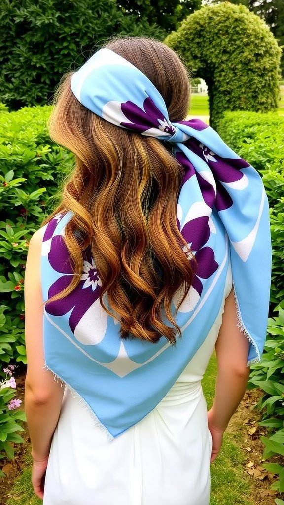 A woman with long hair wearing a light blue floral scarf and large hoop earrings, walking through a lush garden path
