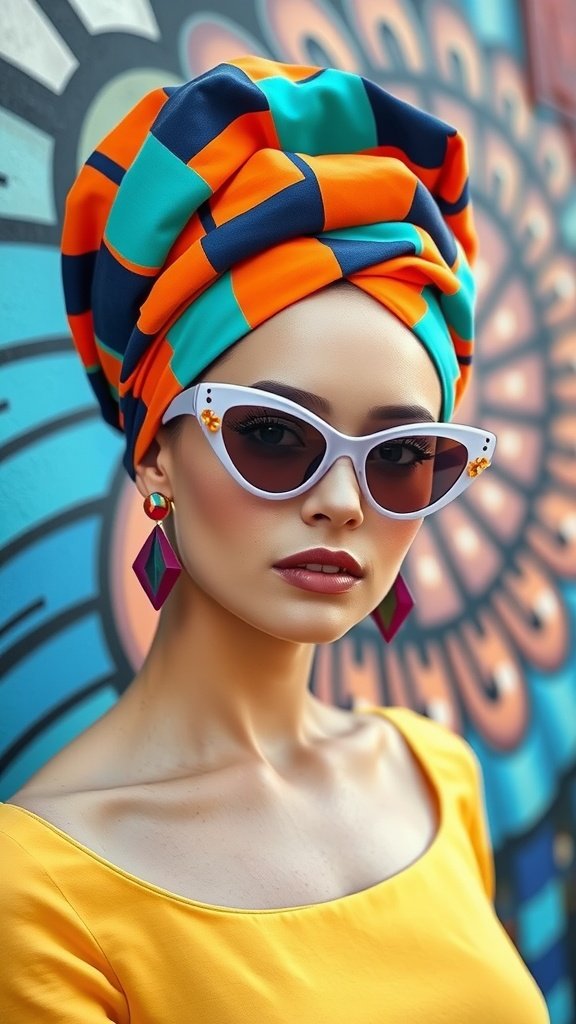 A model wearing a colorful geometric turban, lavender cat-eye sunglasses, and a yellow top, standing against a patterned background.