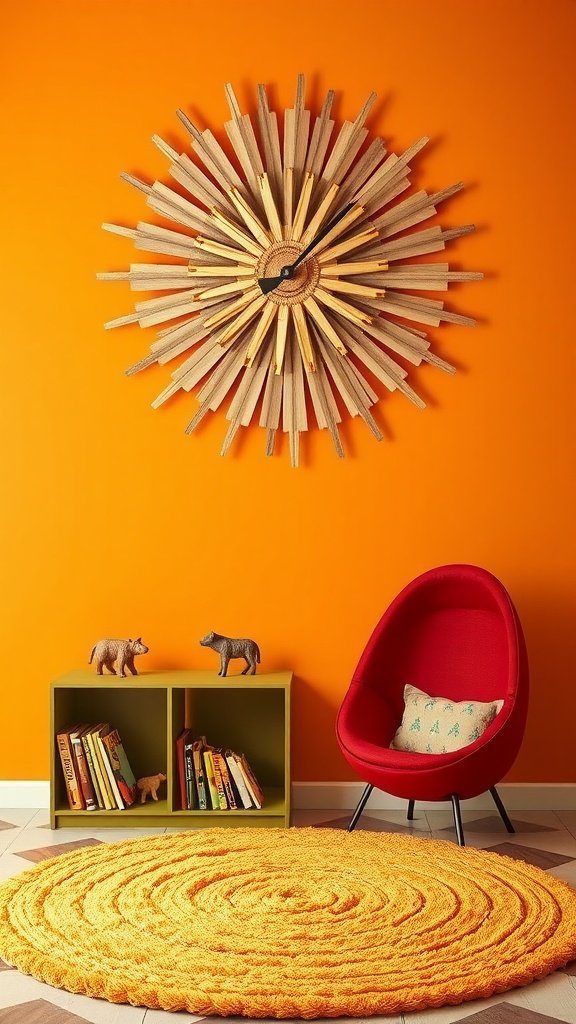 Cozy playroom featuring a sunburst clock on an orange wall, a yellow shag rug, a red chair, and a green shelf with books and animal figurines.