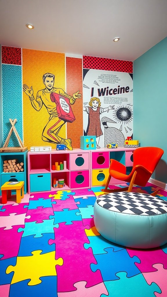 A colorful playroom with pop art themes, featuring puzzle mat flooring and bright furniture.