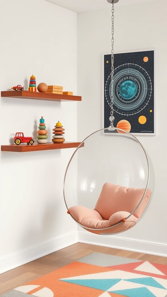 A stylish indoor playroom featuring a teak toy shelf with colorful toys and a hanging bubble chair