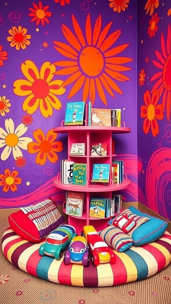 A vibrant playroom featuring psychedelic wall murals and a cozy platform lounge pit filled with colorful cushions.