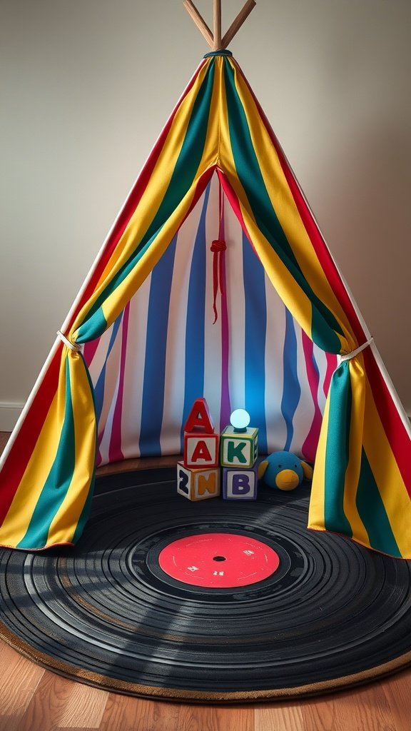 Colorful tent with striped fabric, vinyl record rug, building blocks, and plush toy, creating a fun play corner.