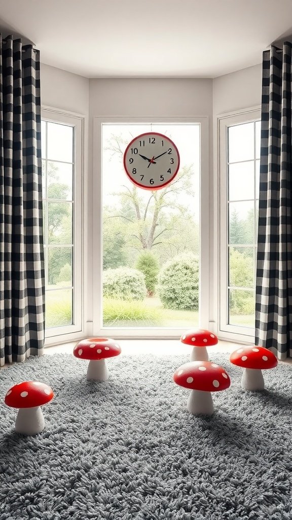 A cozy playroom featuring checkerboard curtains, mushroom stools, and a large window with greenery outside.
