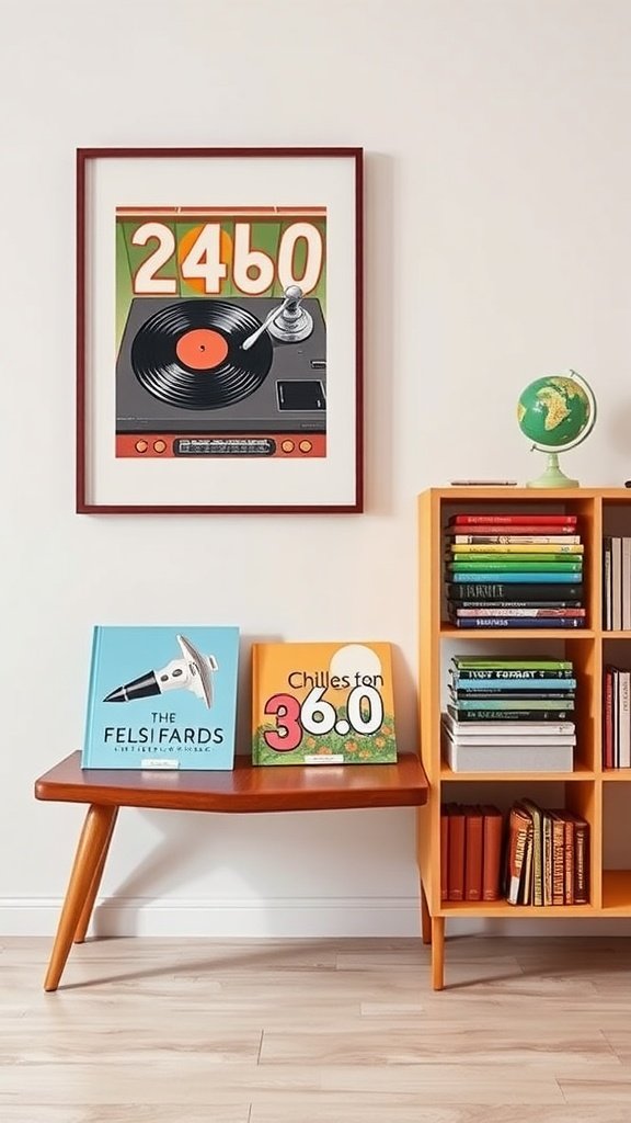 A cozy reading nook featuring a record player and mid-century book bench with colorful books and artwork.