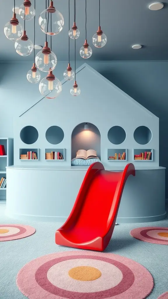 A colorful indoor playroom featuring a red slide, mod lights, and a cozy reading nook.