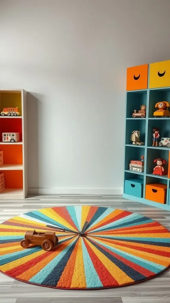 Colorful starburst rug with brown toy car and vibrant storage cubbies