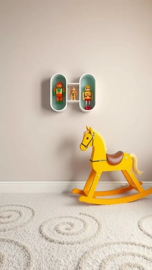 A bright yellow rocking horse beside modern shelves displaying vintage toys.