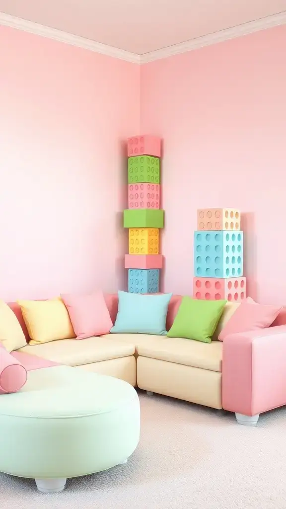 A colorful indoor playroom featuring a modular sofa with pastel cushions and a stacking toy tower in vibrant colors.