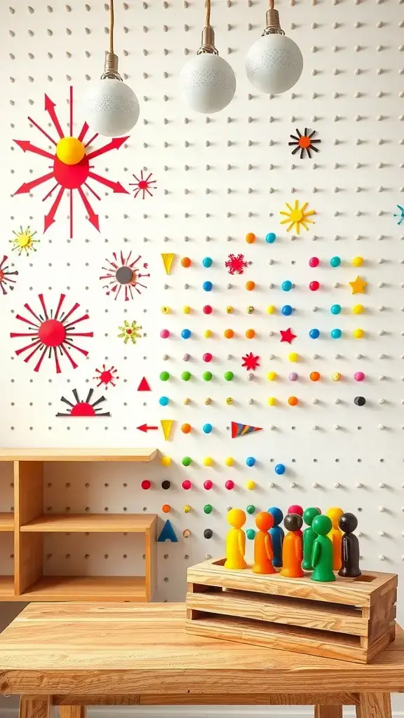 Colorful pegboard art wall with geometric shapes and rainbow peg people on wooden display.
