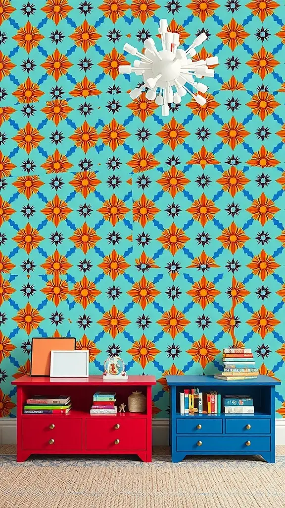 A playroom featuring kaleidoscope wallpaper in vibrant colors, with red and blue transparent toy chests below.