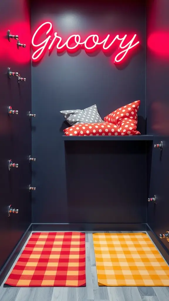 A striking indoor playroom featuring a chrome climbing wall and colorful checker mat flooring.