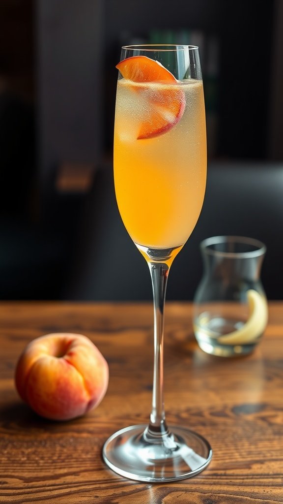 A refreshing cocktail in a glass, garnished with peach slices, ideal for summer gatherings.