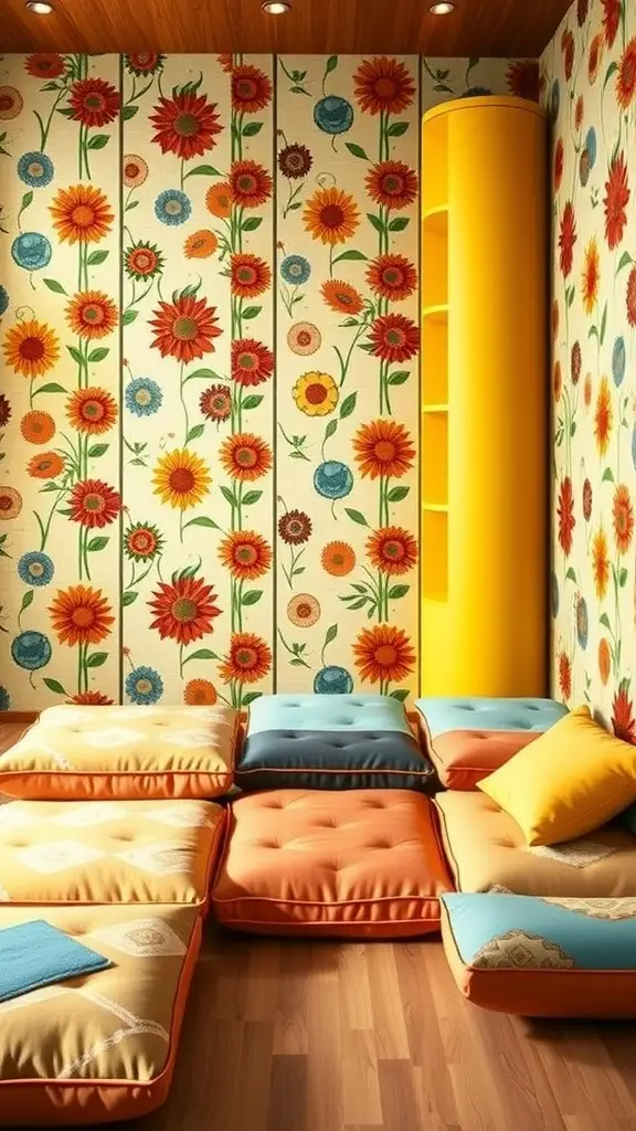 Indoor playroom featuring stacked cushions and retro flower-patterned wallpaper