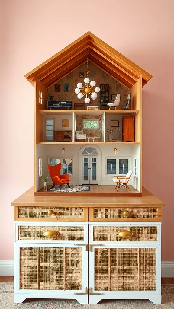 Mid-century modern dollhouse display with stylish furniture and warm wood tones.