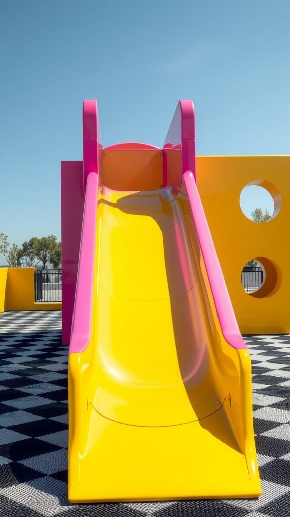A colorful yellow and pink slide with a checkerboard patterned landing pad