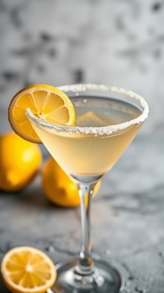 A refreshing Lemon Drop cocktail garnished with a lemon slice and a sugared rim.