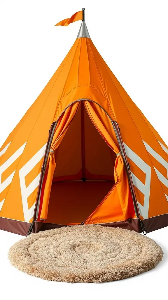 A vibrant tangerine tent with chrome finials and a circular rug in front.