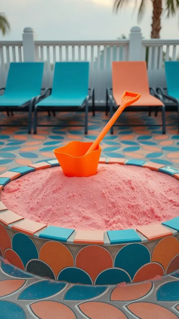 Desert pink sand pit surrounded by a mod mosaic border with teal and orange tiles