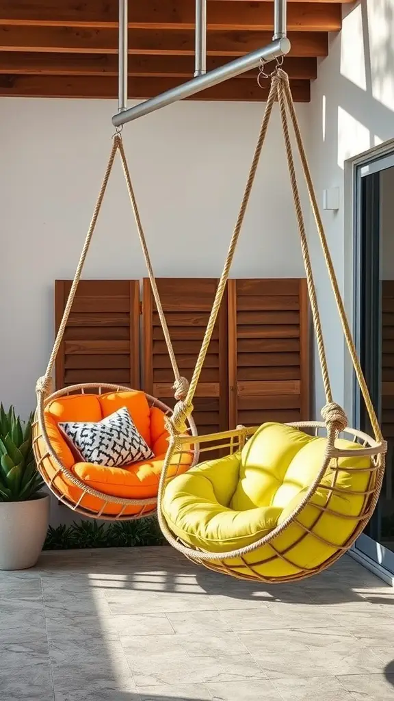 Two hanging pod swings in vibrant tangerine and chartreuse colors, with a cozy design, suspended from a wooden ceiling.