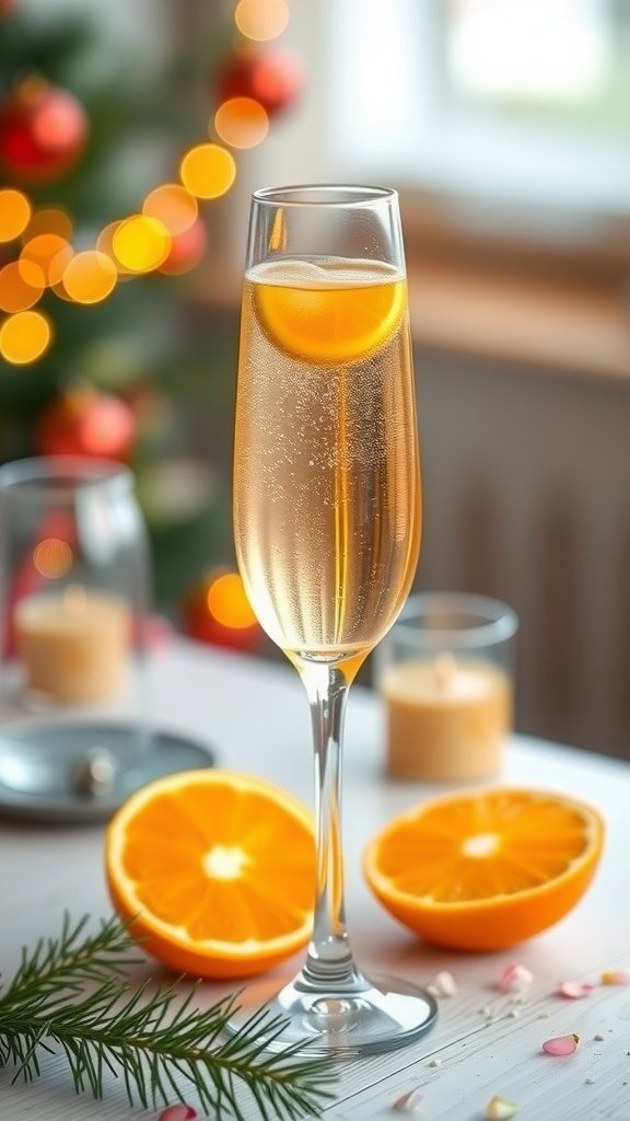 A refreshing Brut Mimosa cocktail garnished with an orange slice, served in a tall flute glass.