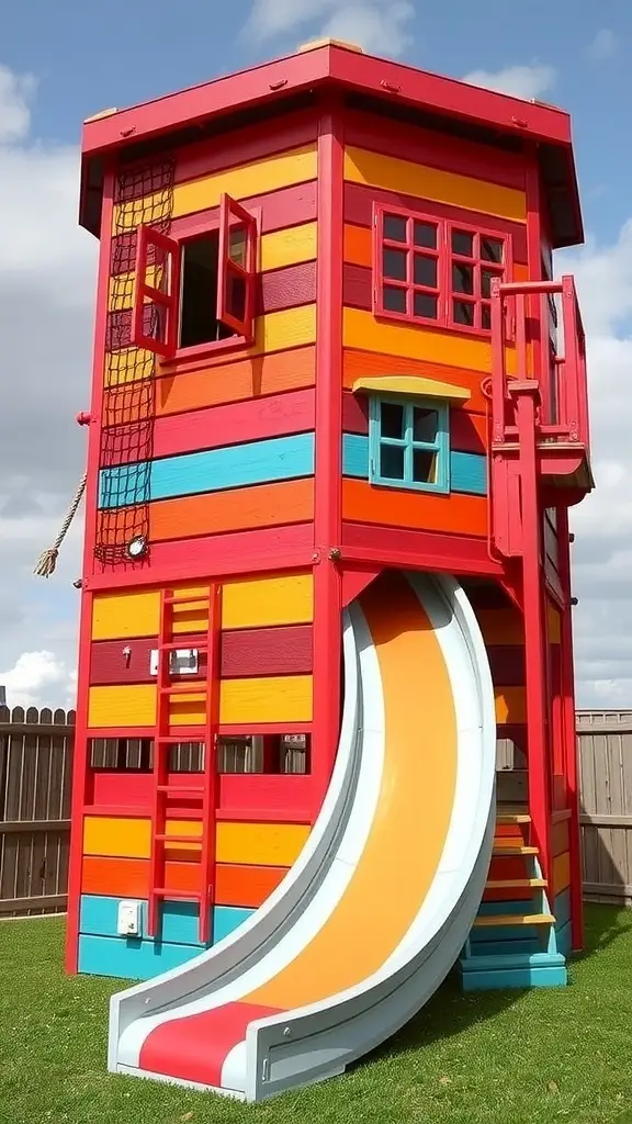 Colorful multi-level hex tower with a slide, net, and rope ladder.