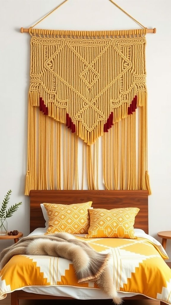 A macramé wall hanging in burnt saffron above a teak bedframe with yellow and white bedding