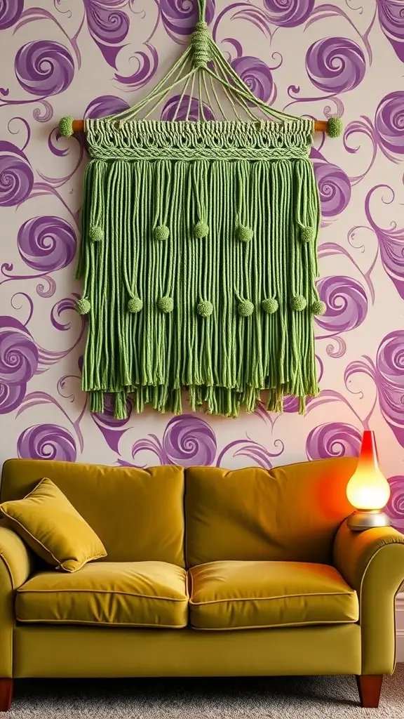 Green macramé wall hanging with pom-poms on a purple wall, above a yellow sofa and a glowing lamp.