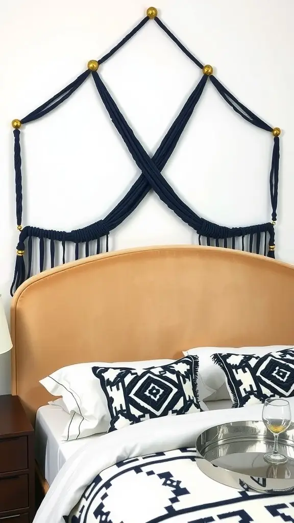 Stylish bedroom featuring navy macramé wall hanging over peach upholstered bed with patterned pillows and a drink on a tray.