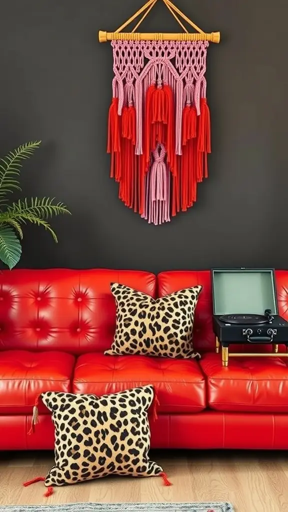 A macramé wall hanging in vermilion and pink colors above a red vinyl couch with leopard print pillows and a record player.