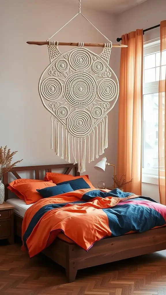 A cozy bedroom featuring a macramé wall hanging above a platform bed with vibrant orange and blue bedding.