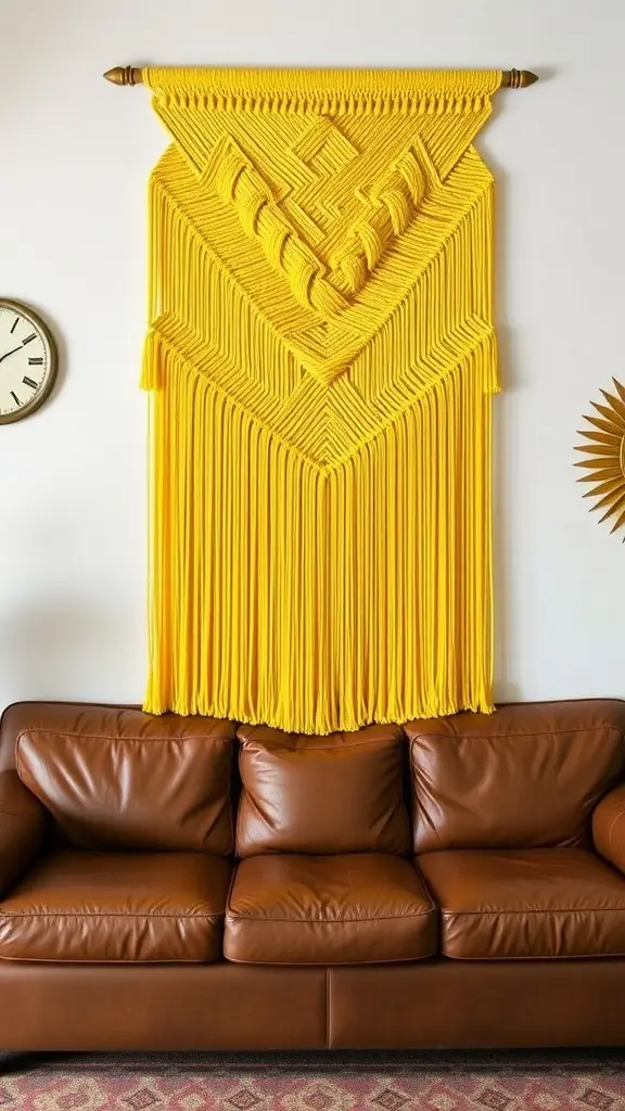 A sunken lounge featuring a brown sofa adorned with a vibrant yellow macramé wall hanging, patterned cushions, and a stylish clock.