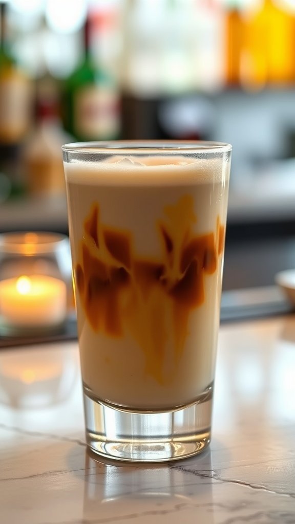 A creamy White Russian cocktail in a glass with ice.