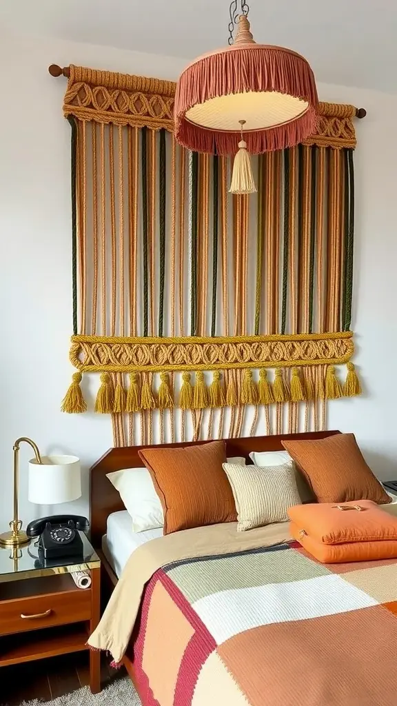 A modern bedroom featuring a macramé wall hanging in olive and ochre tones, a colorful patchwork quilt, and vintage decor.