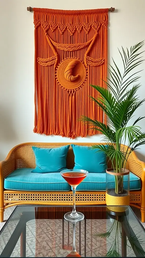 A vibrant tangerine macramé wall hanging above a woven cane couch with teal cushions, a glass coffee table, and a plant beside a cocktail.